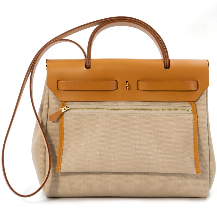 Hermès Herbag 31 Military Canvas / Béton Leather with Gold Hardware