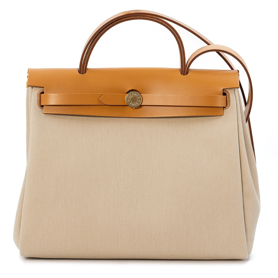 Hermès Herbag 31 Military Canvas / Béton Leather with Gold Hardware