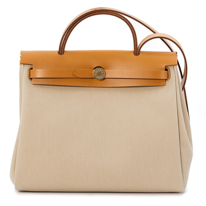 Hermès Herbag 31 Military Canvas / Béton Leather with Gold Hardware