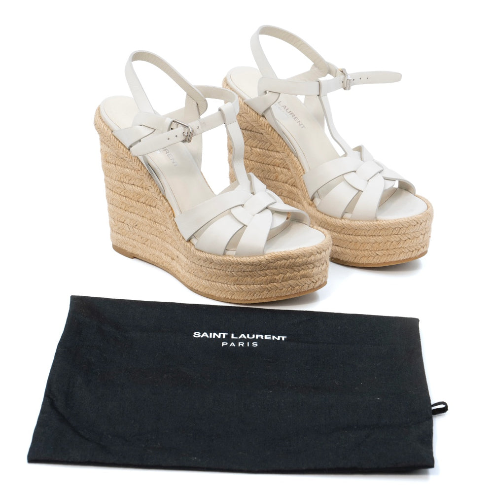 Saint Laurent Tribute White Smooth Leather Platform Espadrille Wedges