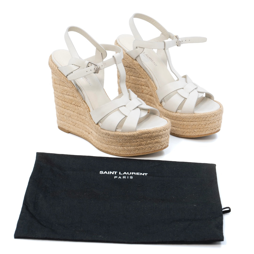 Saint Laurent Tribute White Smooth Leather Platform Espadrille Wedges