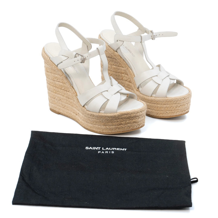 Saint Laurent Tribute White Smooth Leather Platform Espadrille Wedges