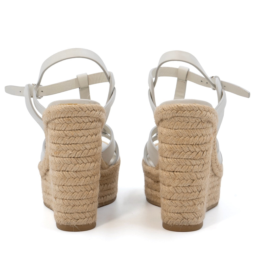 Saint Laurent Tribute White Smooth Leather Platform Espadrille Wedges