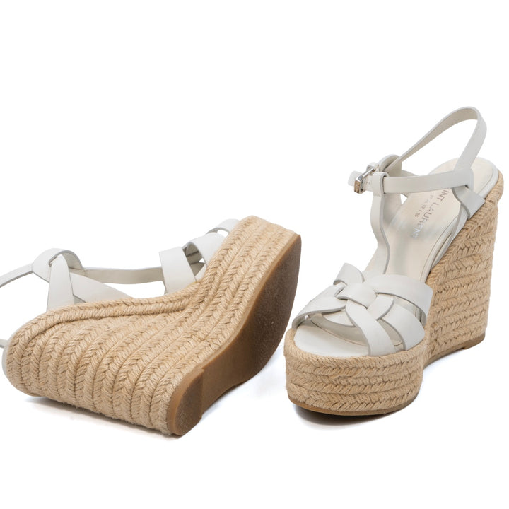 Saint Laurent Tribute White Smooth Leather Platform Espadrille Wedges