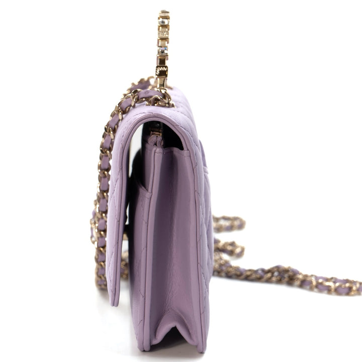 Chanel Mini Flap Bag With Handle in purple lambskin leather with champagne gold hardware