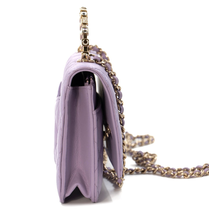 Chanel Mini Flap Bag With Handle in purple lambskin leather with champagne gold hardware