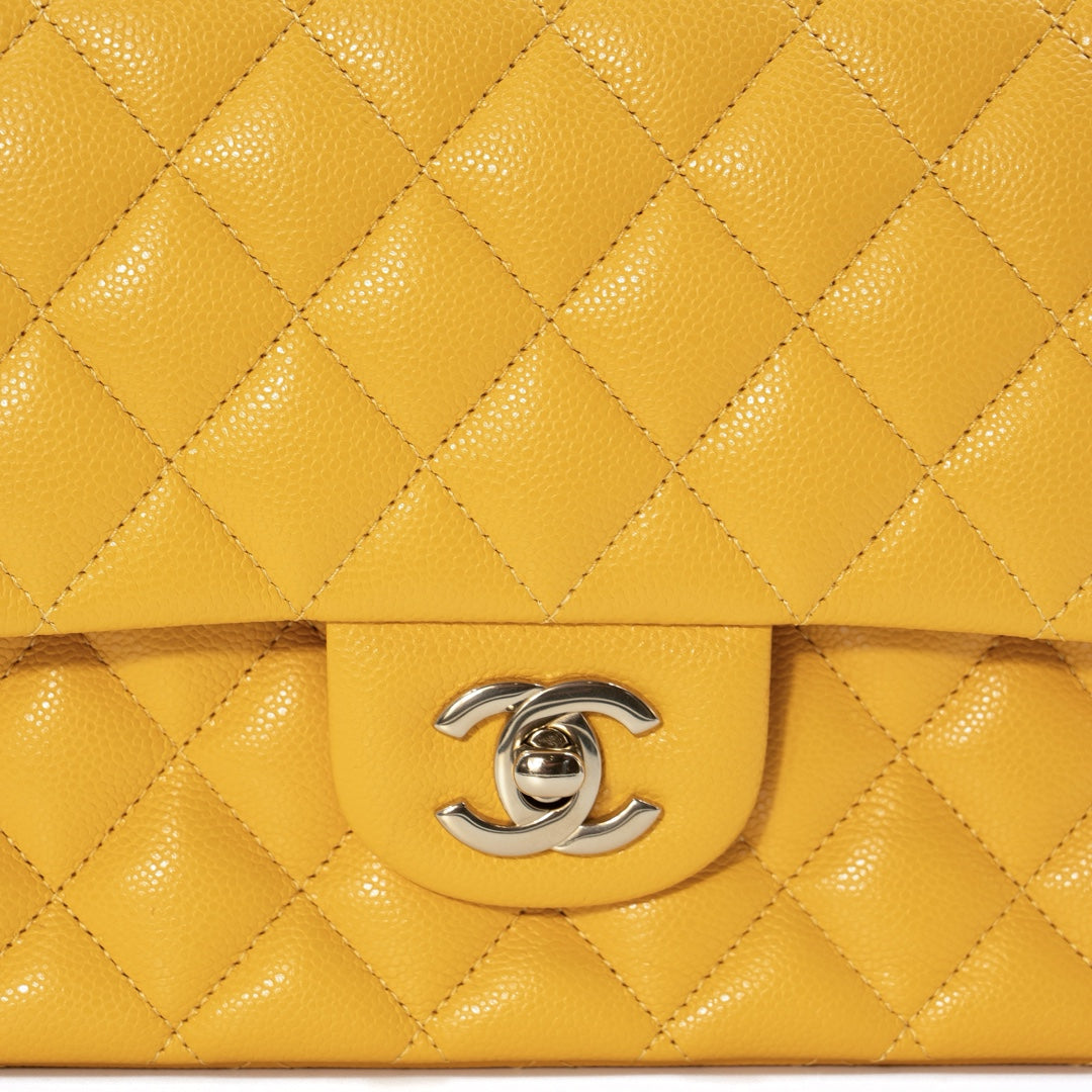 Chanel Classic Flap Bag in Yellow Caviar Leather with Gold Tone Hardware