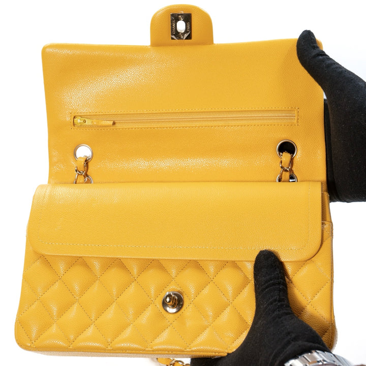 Chanel Classic Flap Bag in Yellow Caviar Leather with Gold Tone Hardware