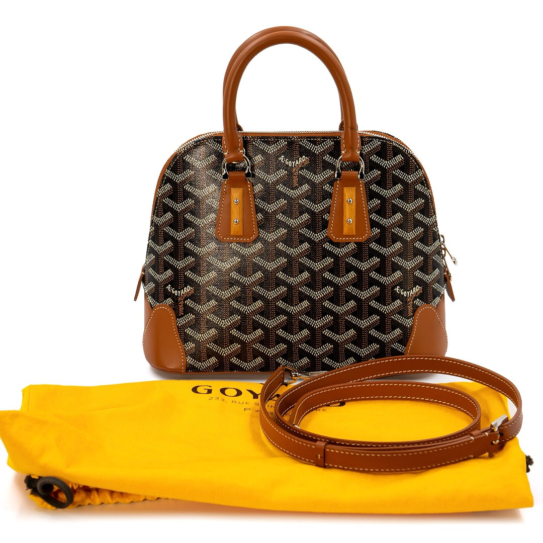 Goyard Mini Vendôme Bag in Black Goyardine Canvas with Tan Leather Trim