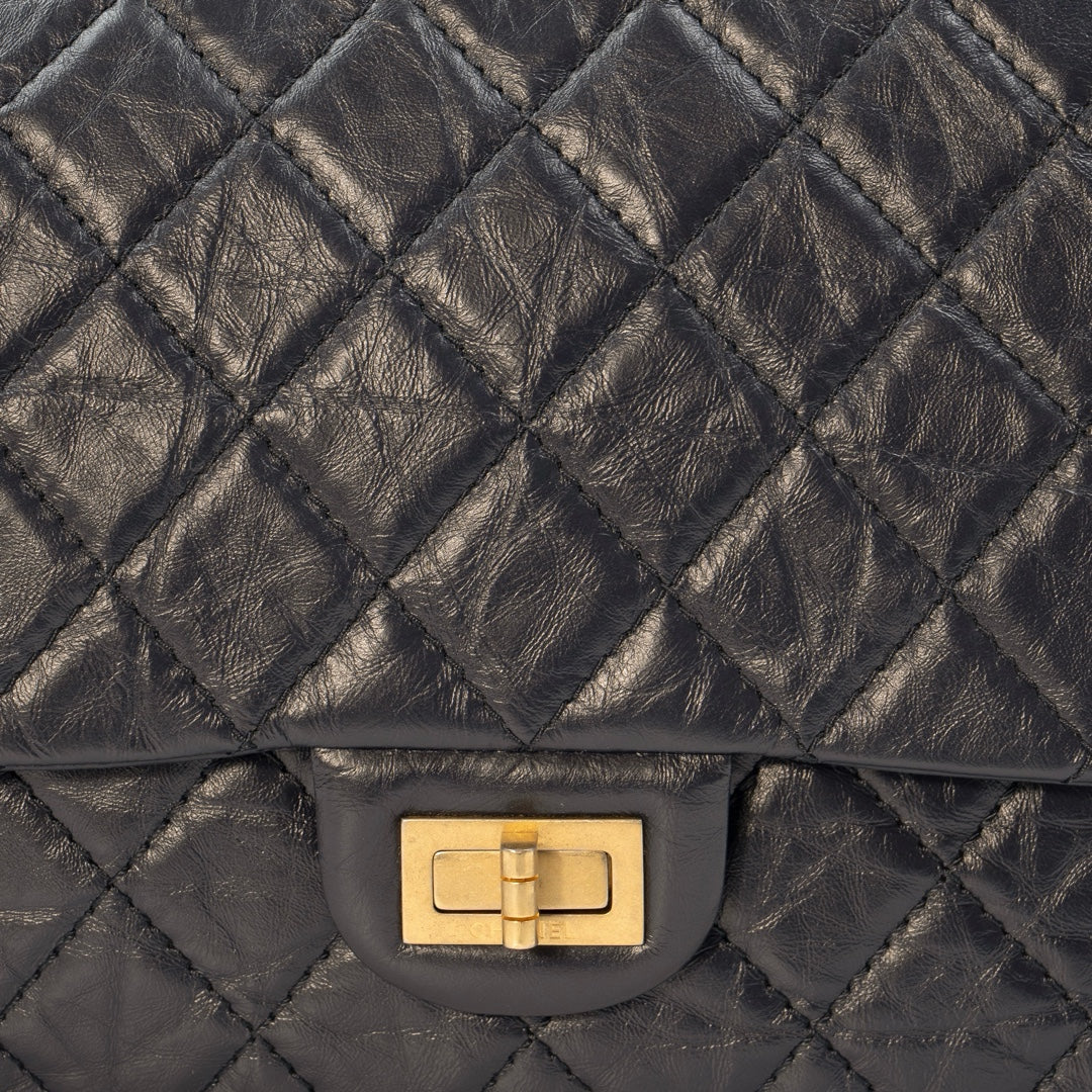 Chanel 2.55 Reissue Flap Bag in Navy Blue Quilted Crinkled Leather with Gold Tone Hardware