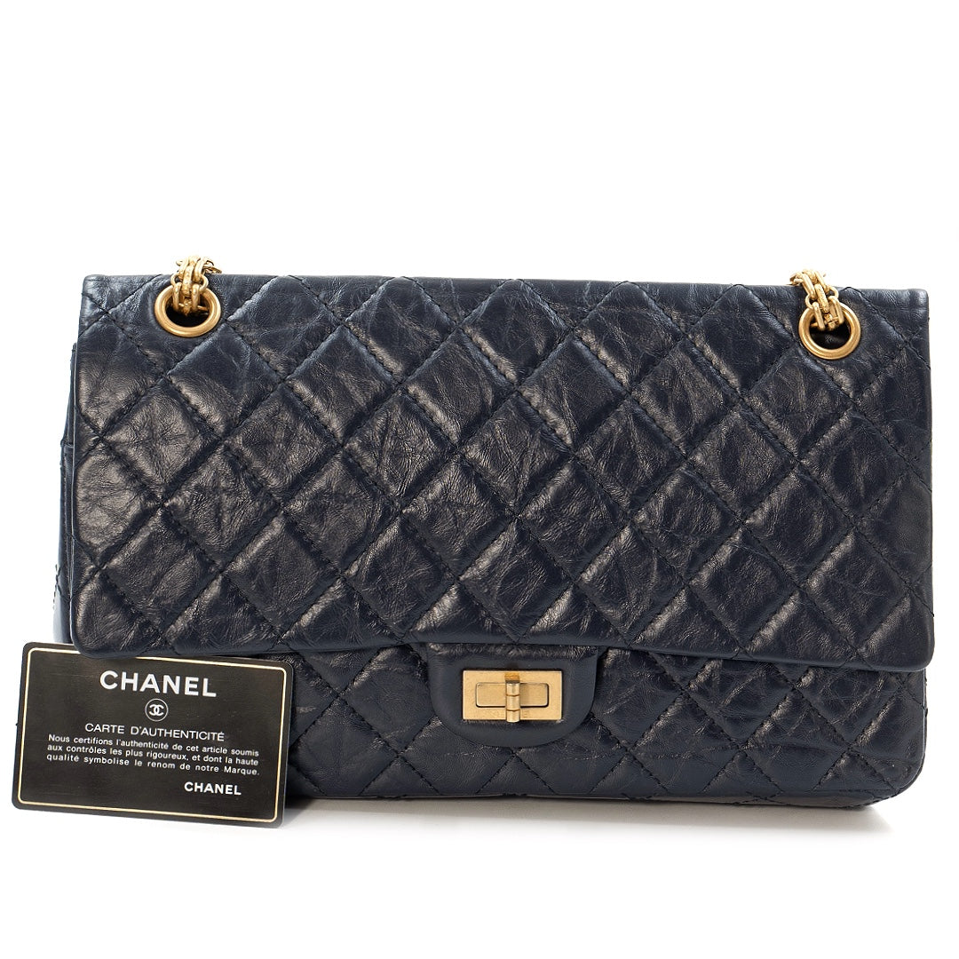 Chanel 2.55 Reissue Flap Bag in Navy Blue Quilted Crinkled Leather with Gold Tone Hardware