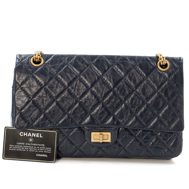 Chanel 2.55 Reissue Flap Bag in Navy Blue Quilted Crinkled Leather with Gold Tone Hardware