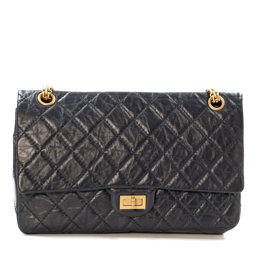 Chanel 2.55 Reissue Flap Bag in Navy Blue Quilted Crinkled Leather with Gold Tone Hardware