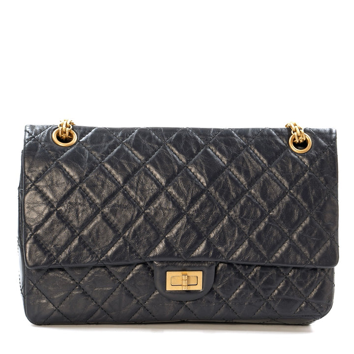 Chanel 2.55 Reissue Flap Bag in Navy Blue Quilted Crinkled Leather with Gold Tone Hardware