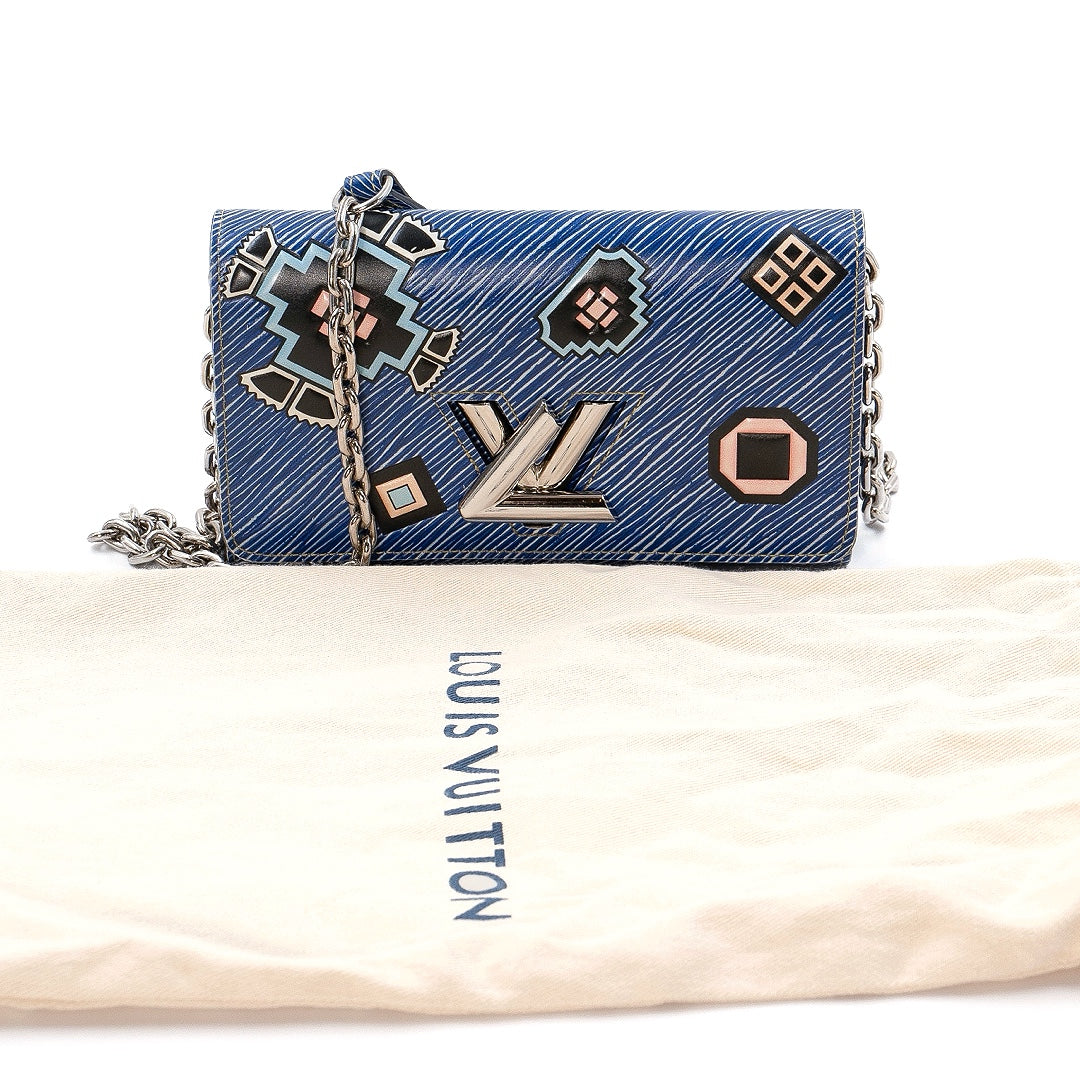 Louis Vuitton Twist Chain Wallet in Blue Epi Leather with Multicolor Azteque Pattern
