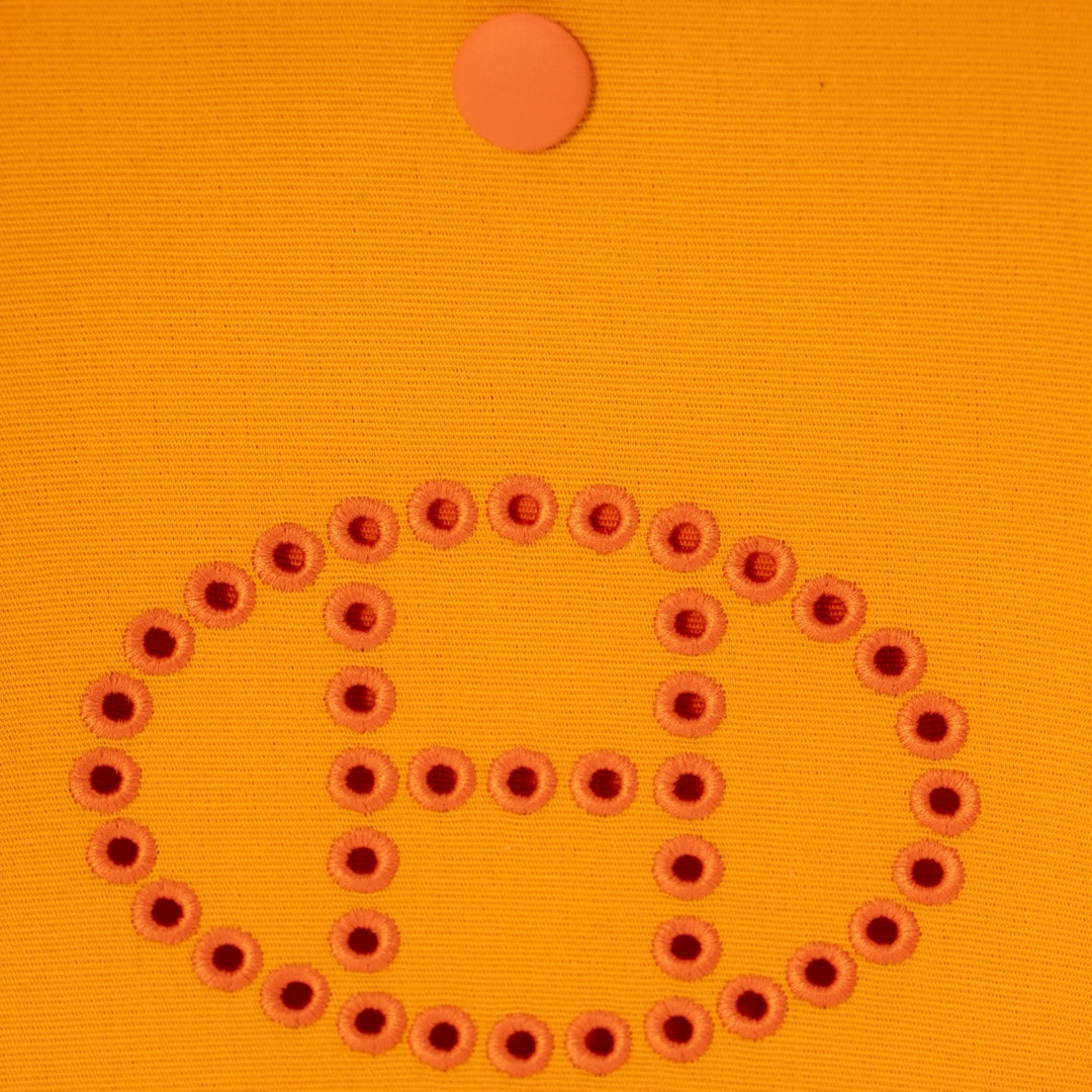 Hermès Neo Evelyne TPM Bag in Feu & Jaune d’Or Toile Officier with Swift Leather Trim and Palladium Hardware