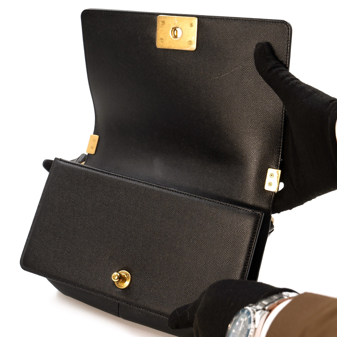 Chanel Boy Medium flap bag in black quilted caviar leather with gold tone hardware