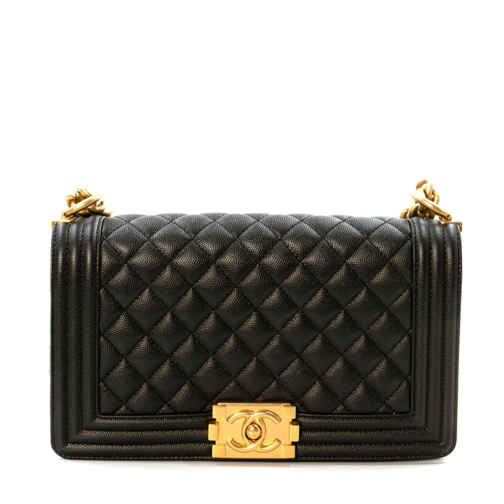 Chanel Boy Medium flap bag in black quilted caviar leather with gold tone hardware