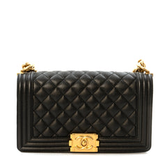 Chanel Boy Medium flap bag in black quilted caviar leather with gold tone hardware