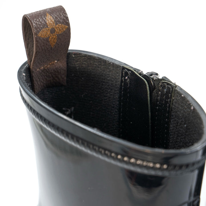Louis Vuitton Silhouette Line Ankle Boots in black rubber with a monogram flower-shaped heel