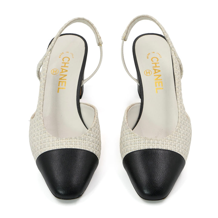Chanel Black and white tweed and grossgrain mid heel slingback pumps