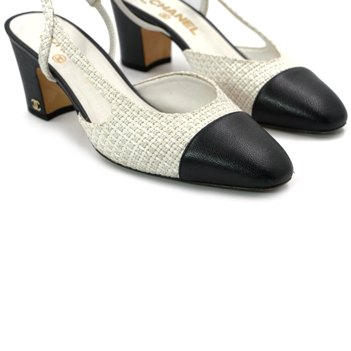 Chanel Black and white tweed and grossgrain mid heel slingback pumps
