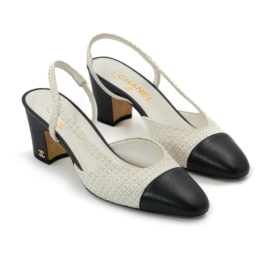 Chanel Black and white tweed and grossgrain mid heel slingback pumps