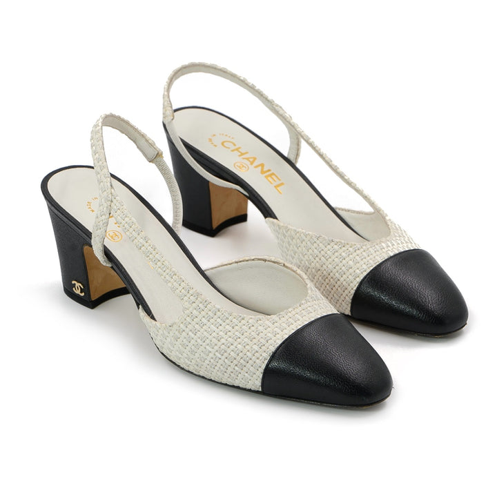 Chanel Black and white tweed and grossgrain mid heel slingback pumps