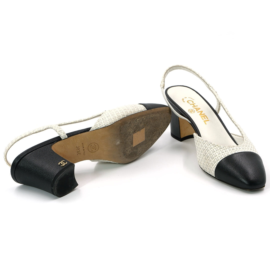 Chanel Black and white tweed and grossgrain mid heel slingback