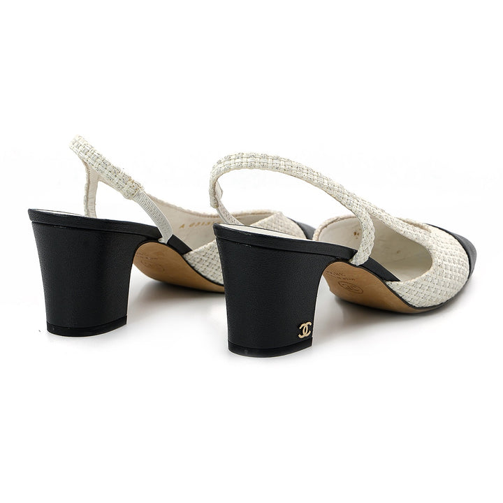 Chanel Black and white tweed and grossgrain mid heel slingback pumps