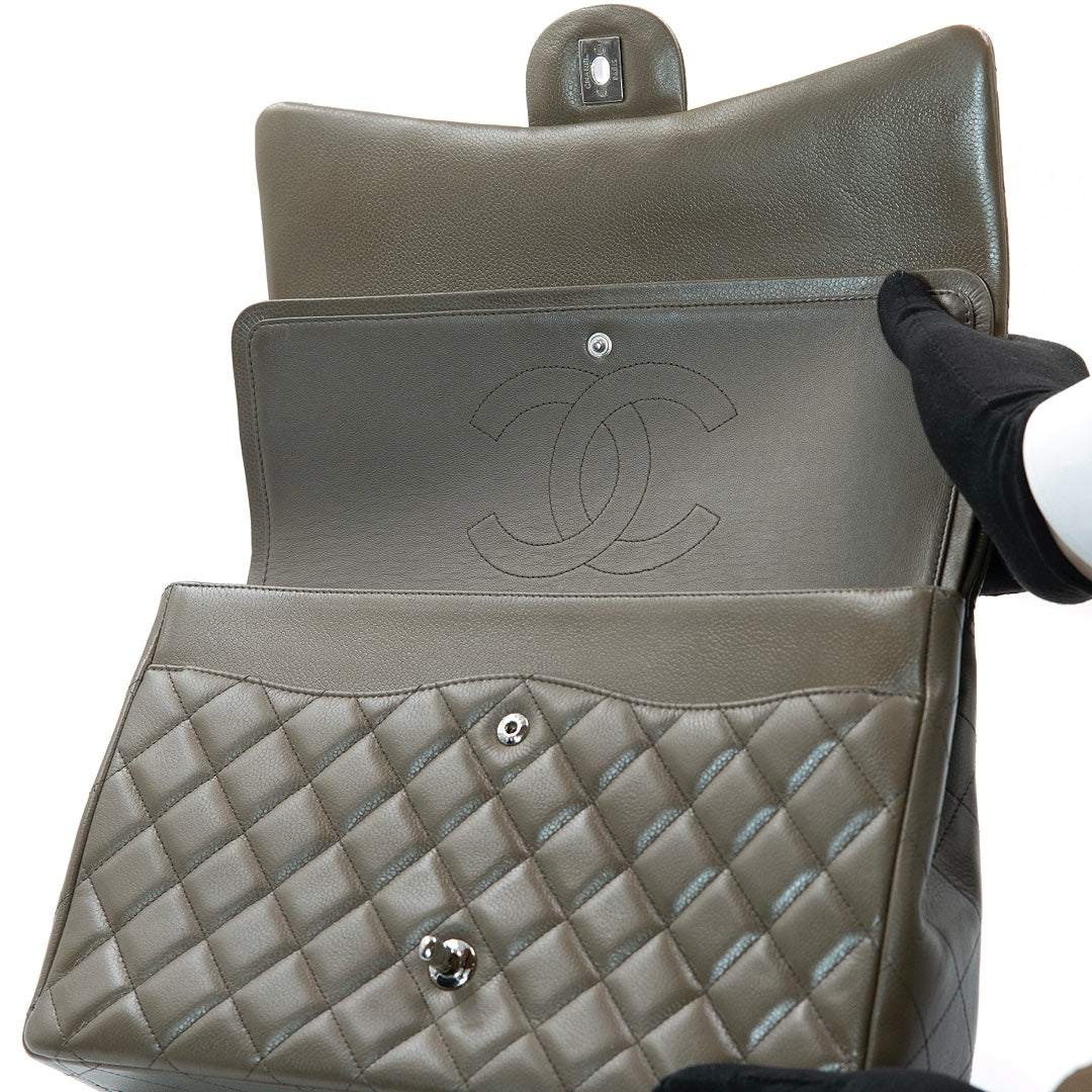Chanel Double Flap Maxi Bag in Dark Taupe Caviar Leather with Silver Tone Hardware - Gemaee  UAE