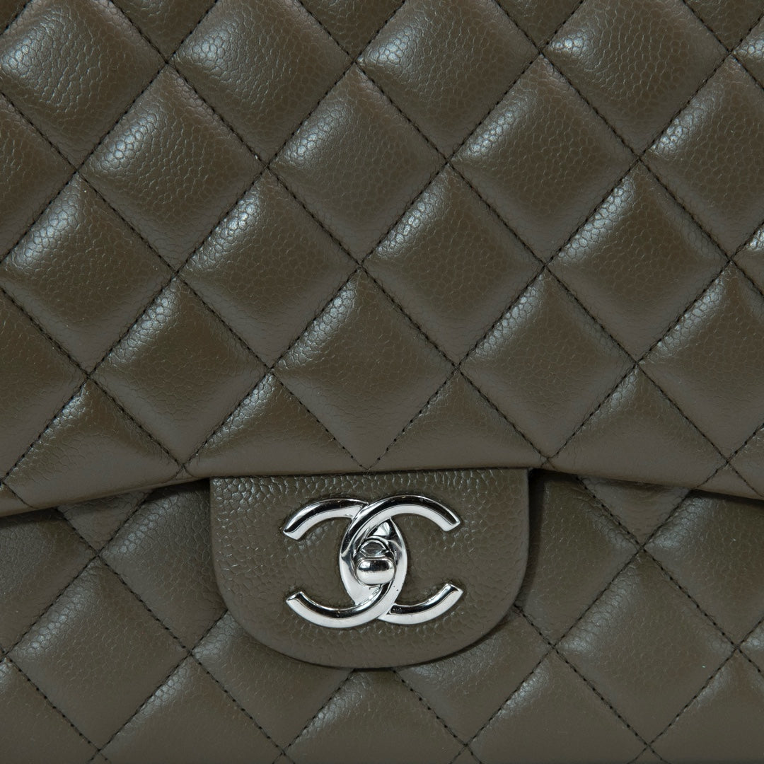 Chanel Double Flap Maxi Bag in Dark Taupe Caviar Leather with Silver Tone Hardware - Gemaee  UAE