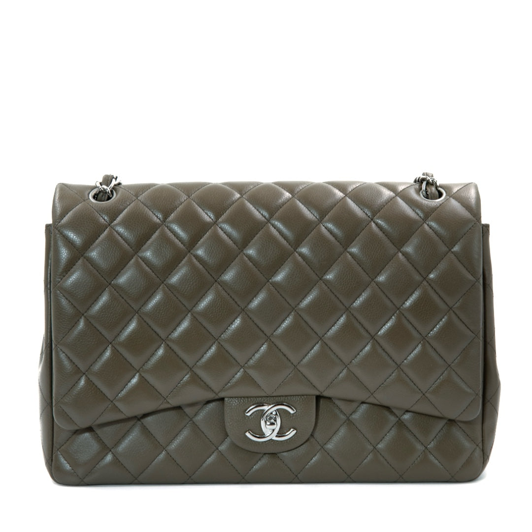 Chanel Double Flap Maxi Bag in Dark Taupe Caviar Leather with Silver Tone Hardware - Gemaee  UAE