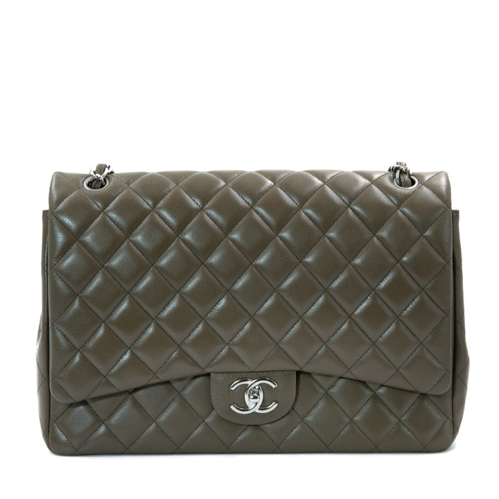 Chanel Double Flap Maxi Bag in Dark Taupe Caviar Leather with Silver Tone Hardware - Gemaee  UAE
