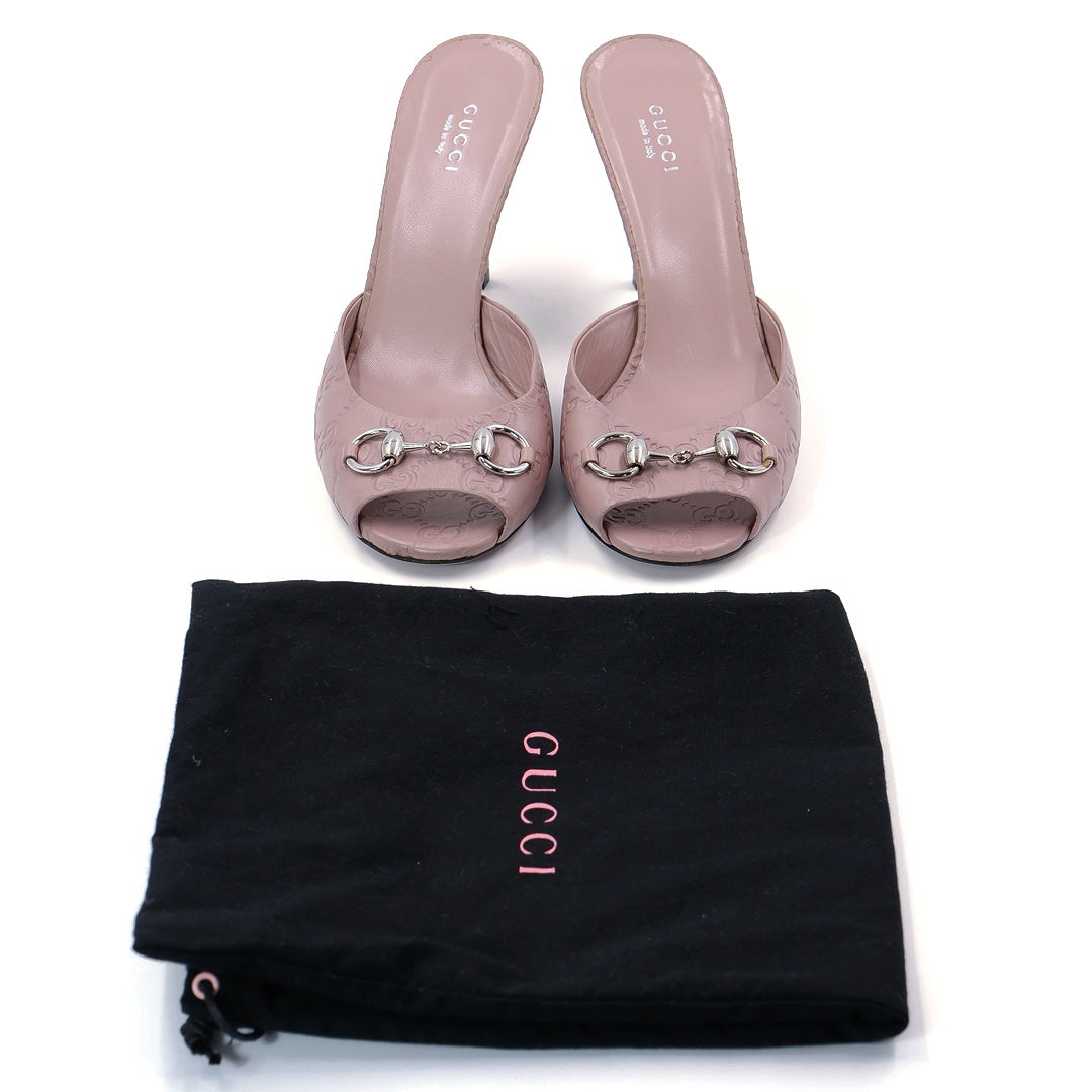 GUCCI Pale Pink Guccissima Leather Horsebit Peep-Toe Mule Sandals