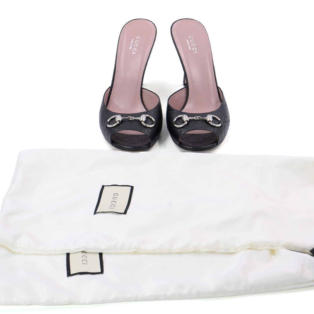 GUCCI Black Guccissima Leather Horsebit Peep-Toe Mule Sandals