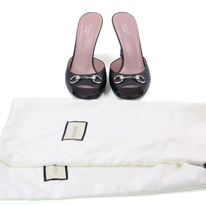 GUCCI Black Guccissima Leather Horsebit Peep-Toe Mule Sandals