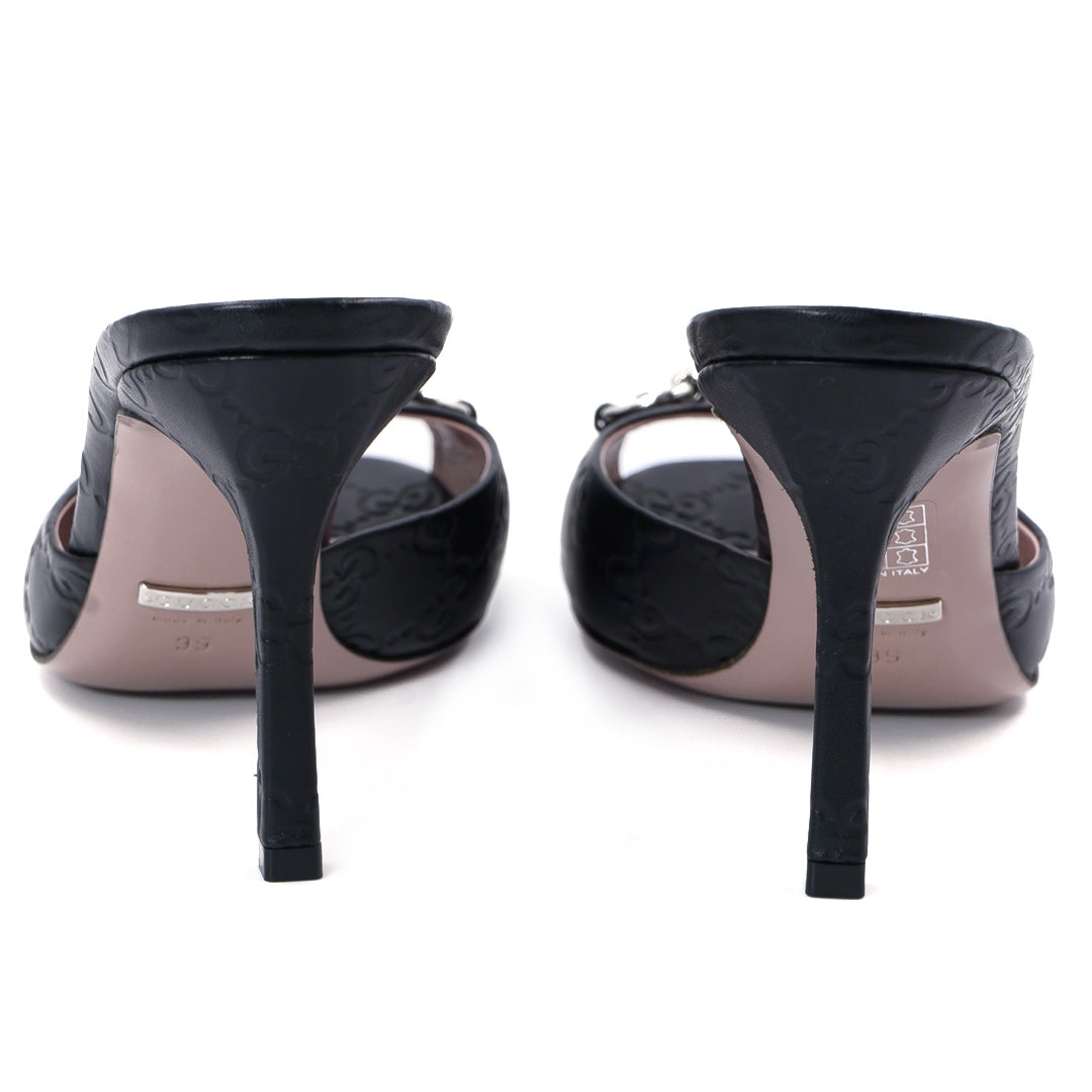 GUCCI Black Guccissima Leather Horsebit Peep-Toe Mule Sandals