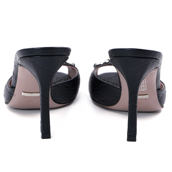 GUCCI Black Guccissima Leather Horsebit Peep-Toe Mule Sandals