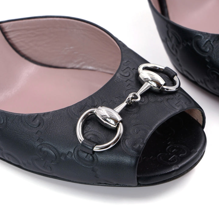 GUCCI Black Guccissima Leather Horsebit Peep-Toe Mule Sandals
