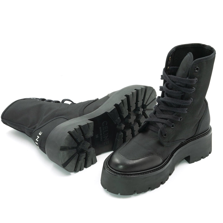Celine Bulky Laced-Up Black Nylon and Shiny Bullskin Combat Boot - Gemaee  UAE