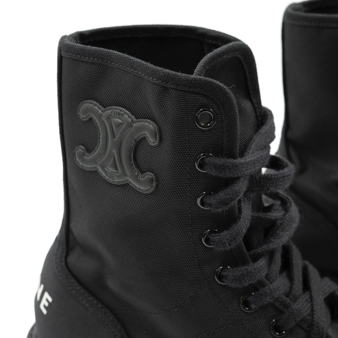 Celine Bulky Laced-Up Black Nylon and Shiny Bullskin Combat Boot - Gemaee  UAE