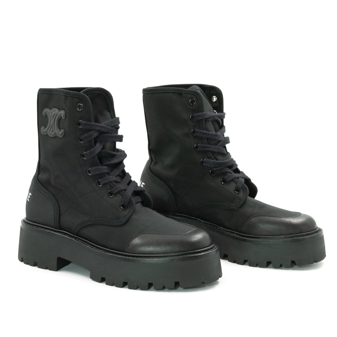 Celine Bulky Laced-Up Black Nylon and Shiny Bullskin Combat Boot - Gemaee  UAE
