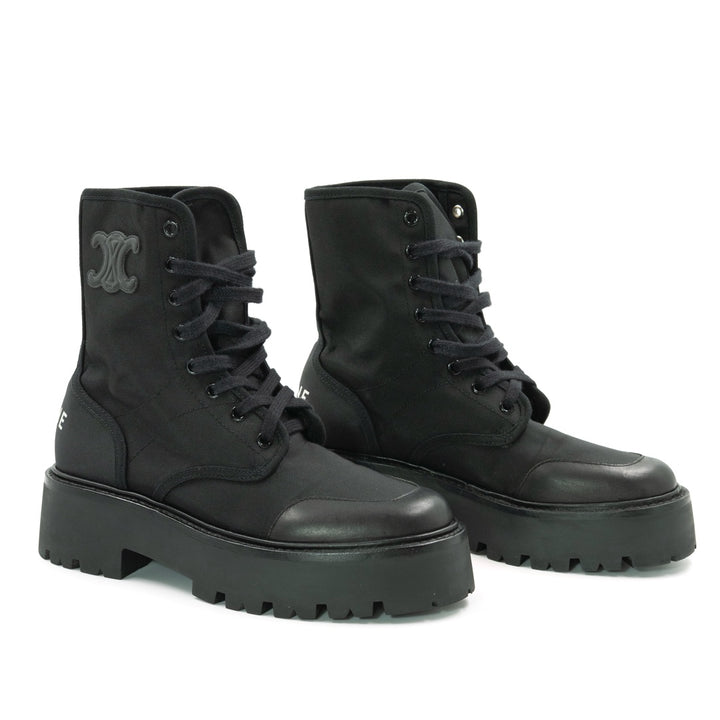 Celine Bulky Laced-Up Black Nylon and Shiny Bullskin Combat Boot - Gemaee  UAE