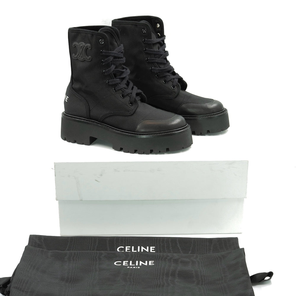 Celine Bulky Laced-Up Black Nylon and Shiny Bullskin Combat Boot - Gemaee  UAE