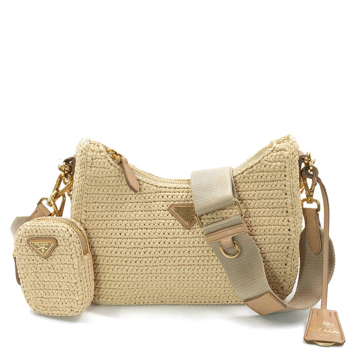 Prada Re Edition 2005 Beige Raffia Shoulder Bag with Gold Tone Hardware - Gemaee  UAE