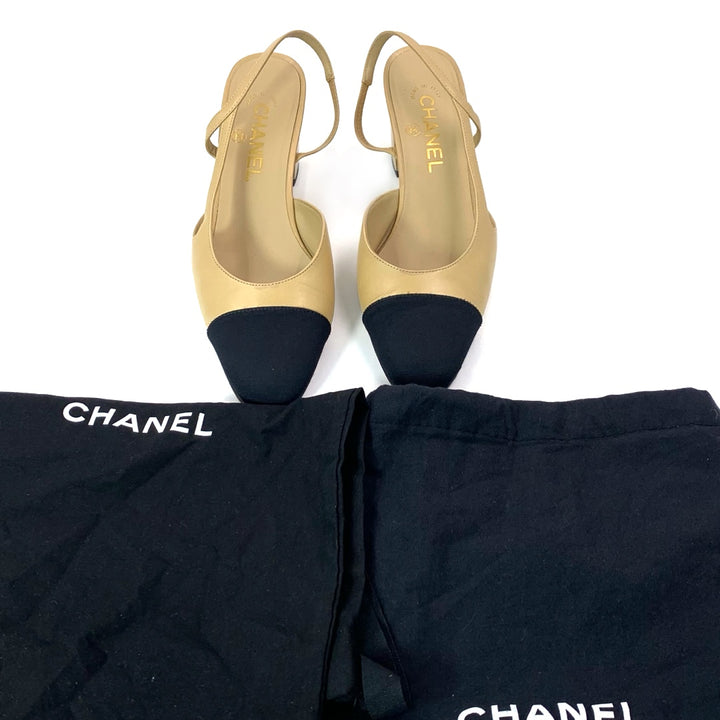 Chanel Beige & Black Goatskin and grossgrain slingbacks