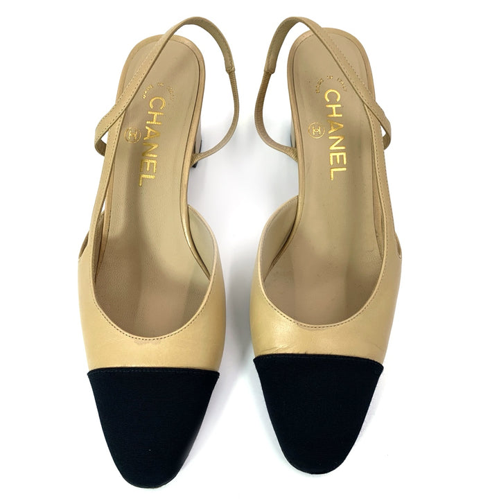 Chanel Beige & Black Goatskin and grossgrain slingbacks