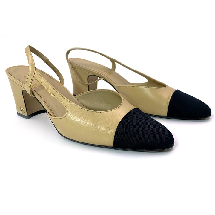 Chanel Beige & Black Goatskin and grossgrain slingbacks