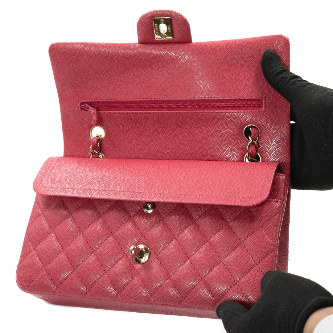 Chanel Medium Classic Double Flap Shoulder Bag in Pink Quilted Caviar Leather - Gemaee  UAE